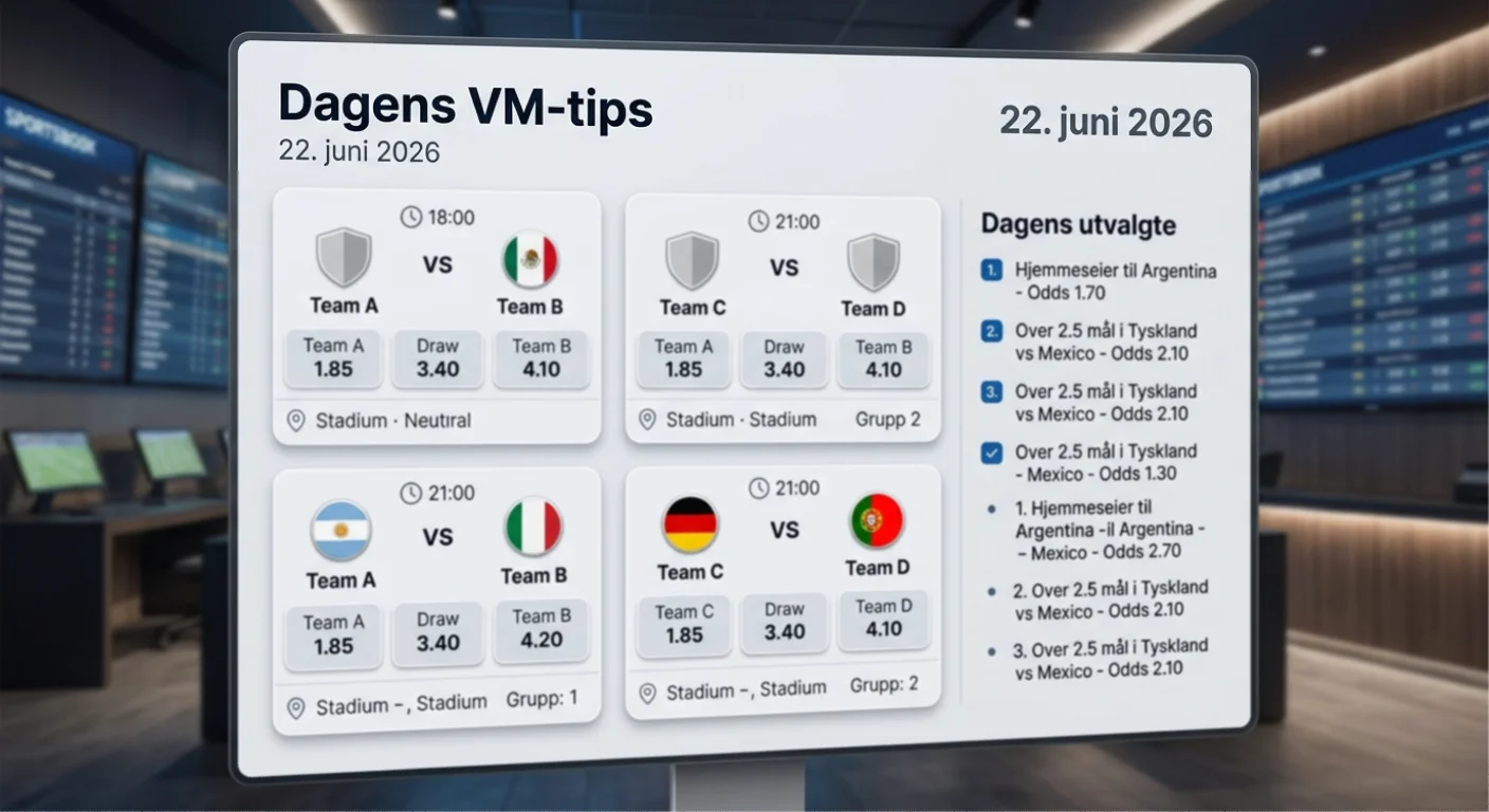 Oversikt over dagens fire VM-kamper 22. juni 2026 med odds