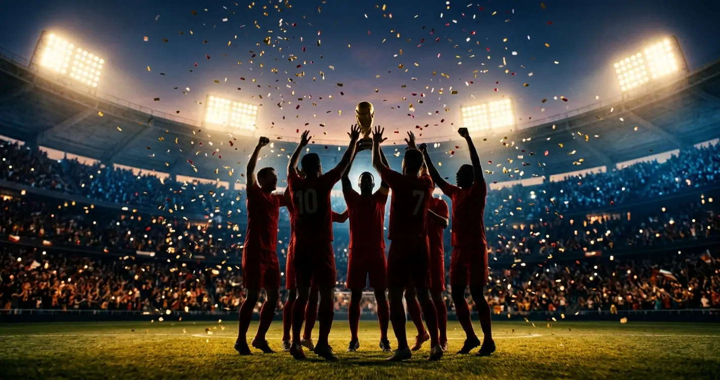 Fotballspillere feirer VM-tittelen med trofeet på et fullsatt stadion i skumringen