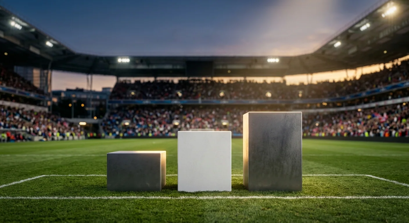 Tre stigende podieblokker på en stadion i kveldslys, uten tekst eller tall