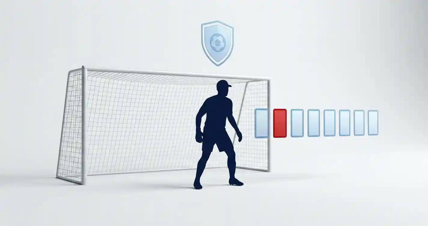 Enkel forsvarsfigur med en keeper foran et tomt mål og åtte kampmarkører der bare én er fylt