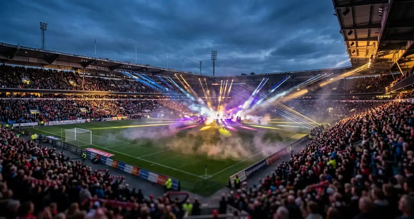 Sceneleys og spotlys over et fullsatt stadion om kvelden — stemningsbilde fra et stort fotballarrangement