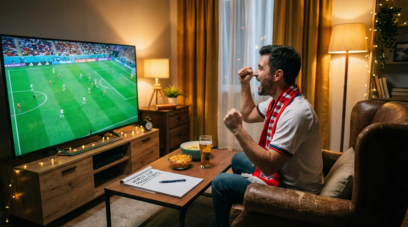 Supporter følger VM-kamp på TV med notatblokk for kampanalyse